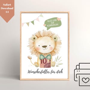 Money gift for communion boys Download PDF A4 | Money gift for communion lion | Template for picture frames