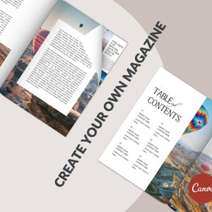 Puede incluir: Una maqueta de revista con el texto "CREATE YOUR OWN MAGAZINE" en la portada. La revista presenta una p&aacute;gina de &iacute;ndice con el texto "TABLE of CONTENTS" y una foto de globos aerost&aacute;ticos en el cielo. La revista est&aacute; abierta en una p&aacute;gina con texto y una foto de un paisaje.