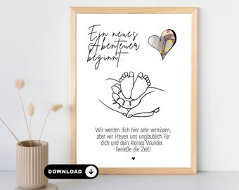 Regalo en efectivo para una colega que sale de su baja por maternidad | Regalo de despedida para un compañero que deja la baja por maternidad o paternidad | Plantilla para autoimpresión