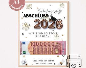 Money Gift for Graduation: First Million (Download PDF A4) | School Graduation Gift | Education Graduation Gift | Printable Template
