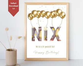 Money gift NOTHING birthday template | Funny money gift birthday | Money gift nothing template to print yourself | PDF Download