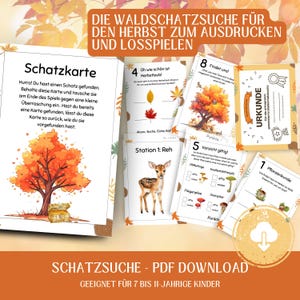Op de afbeelding: Een verzameling afdrukbare herfst-thema activiteitenvellen. De vellen bevatten een schatkaart, een certificaat en diverse educatieve spellen. Het ontwerp bevat illustraties van een hert, bomen en herfstbladeren. De tekst op de vellen is in het Duits.