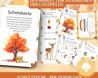 May include: A collection of printable autumn-themed activity sheets. The sheets include a treasure map, a certificate, and various educational games. The design features illustrations of a deer, trees, and fall leaves. The text on the sheets is in German.