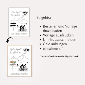 May include: A black and white printable wedding card design with a couple riding bicycles up a mountain with the text "Und so beginnt das Abenteuer" and "Alles Gute zur Hochzeit!"