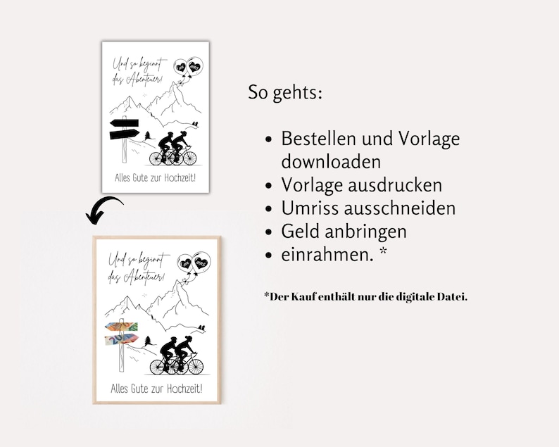 May include: A black and white printable wedding card design with a couple riding bicycles up a mountain with the text "Und so beginnt das Abenteuer" and "Alles Gute zur Hochzeit!"