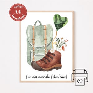 Puede incluir: Ilustración en acuarela de una mochila verde, una bota de senderismo marrón y un globo en forma de corazón hecho con un billete de euro. La imagen incluye el texto "Für das nächste Abenteuer!" y un círculo rojo con el texto "Sofort A4 Download".