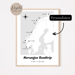 Custom Norway Road Trip Route Map | Personalisierte Reisekarte Norwegen | Custom Travel Map | Digitale Reisekarte Norwegen Road Trip