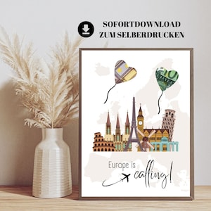 Geldgeschenk Europa Reise | Reisekasse Europa | Europa Gutschein | druckbare Vorlage für DIY Geldgeschenk | Flitterwochen Geldgeschenk