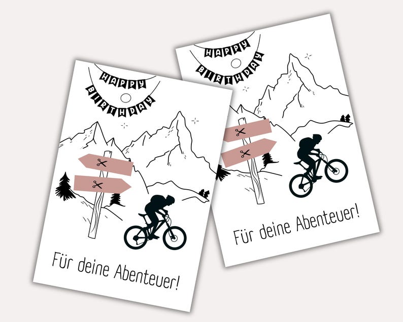 May include: Black and white birthday card with a mountain scene and a silhouette of a person riding a mountain bike. The card says "Happy Birthday" and "For your adventures!"