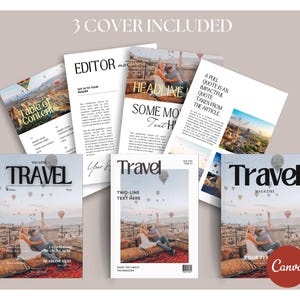 Puede incluir: Tres dise&ntilde;os de portada de revista con una pareja sentada en una azotea con globos aerost&aacute;ticos en el fondo. El texto de la portada dice "Travel Magazine".
