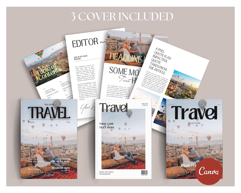 Puede incluir: Tres dise&ntilde;os de portada de revista con una pareja sentada en una azotea con globos aerost&aacute;ticos en el fondo. El texto de la portada dice "Travel Magazine".