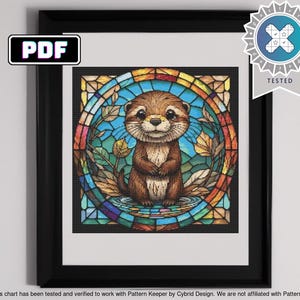 Cute Chibi Otter Cross Stitch Pattern - Stained Glass Style DIY Craft PDF Download
