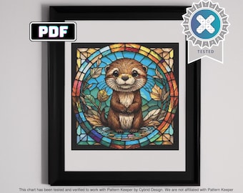 Cute Chibi Otter Cross Stitch Pattern - Stained Glass Style DIY Craft PDF Download
