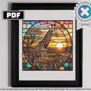 Savanna Sunset Giraffe Cross Stitch - Stained Glass Wildlife Pattern