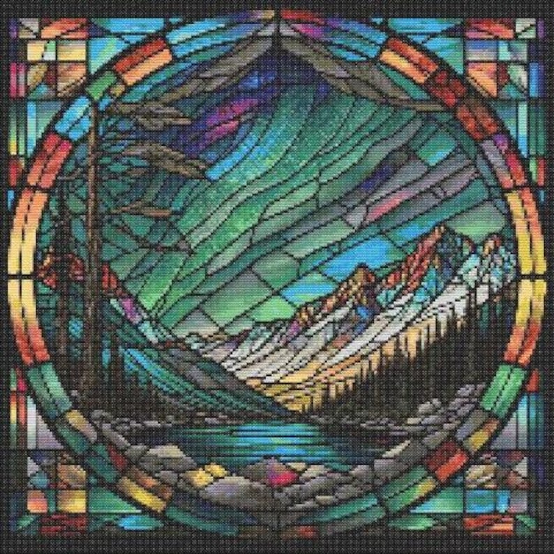 Stained Glass Aurora Borealis Cross Stitch DIY Nordic Sky Embroidery