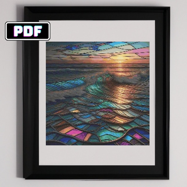 Ocean Waves Sunset Cross Stitch Pattern - Stained Glass Style