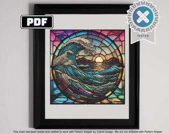 May include: A cross-stitch pattern featuring a colorful stained glass design of a wave crashing against a rocky shore with a sunset in the background.