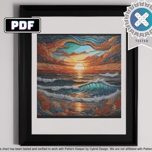May include: A digital cross stitch pattern featuring a sunset over the ocean with waves crashing on the shore. The sky is a vibrant orange and pink with clouds. The water is a deep blue with whitecaps.