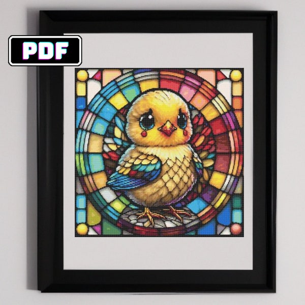 Cute Chibi Chick Cross Stitch Pattern - Stained Glass Style
