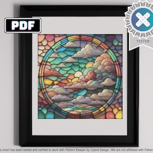 Könnte beinhalten: Eine farbenfrohe Illustration im Stil eines Buntglasfensters mit einem kreisförmigen Regenbogen mit Wolken und einem Sonnenuntergang. Der Hintergrund ist dunkelblau mit einem hellblauen Himmel.