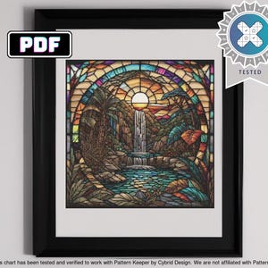 May include: A stained glass style image of a waterfall in a tropical forest. The image is framed in a black frame and has a "PDF" label in the top left corner.