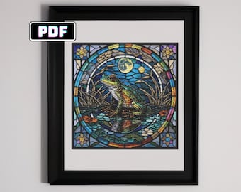 Moonlit Frog Pond Cross Stitch Pattern - Stained Glass Style