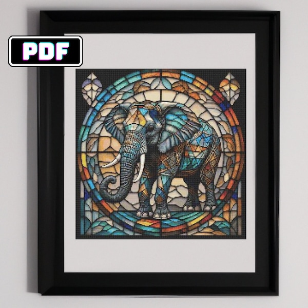 Stained Glass Elephant Cross Stitch Pattern - Unique DIY Needlework Design