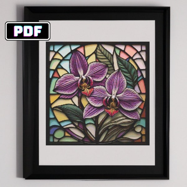 Purple Orchid Stained Glass Style Cross Stitch Pattern