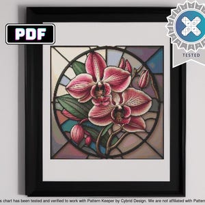 May include: Cross stitch pattern featuring a stained glass design of pink orchids in a circular frame. The pattern is labeled "PDF" and has been tested and verified to work with Pattern Keeper.