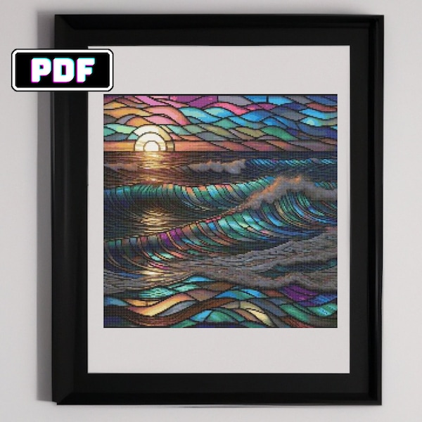 Coastal Serenity: Stained Glass Style Sunset Cross Stitch