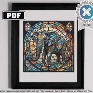 May include: A stained glass style illustration of an elephant with blue, green, yellow, orange, and red colors. The elephant is surrounded by a circular stained glass pattern.