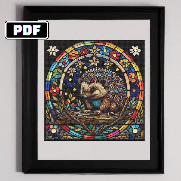 Stained Glass Hedgehog Cross Stitch Pattern - Celestial Night Sky