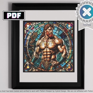 May include: A digital cross stitch pattern of a muscular man with a beard, standing in a stained glass window. The man is wearing a loincloth and has a trident in his hand. The stained glass window is made up of various colours, including blue, green, red, and yellow.