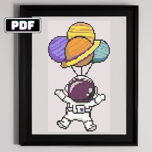 Pixel Art Uroczy Astronauta Wzór Haft Krzyżykowy z Planetami Balonowymi - Rękodzieło DIY