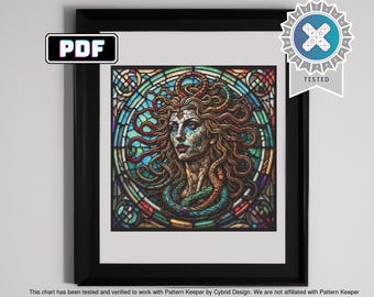 Medusa Stained Glass Cross Stitch Pattern - Mythical Serpent, DIY Needlework, Instant Download