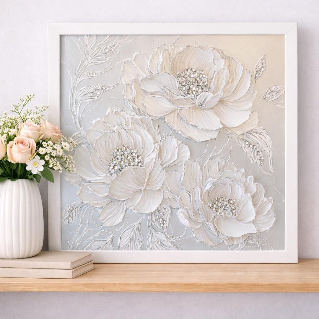 3D White Floral Wall Art, Textured Flower Print, Elegant Home Decor - Etsy