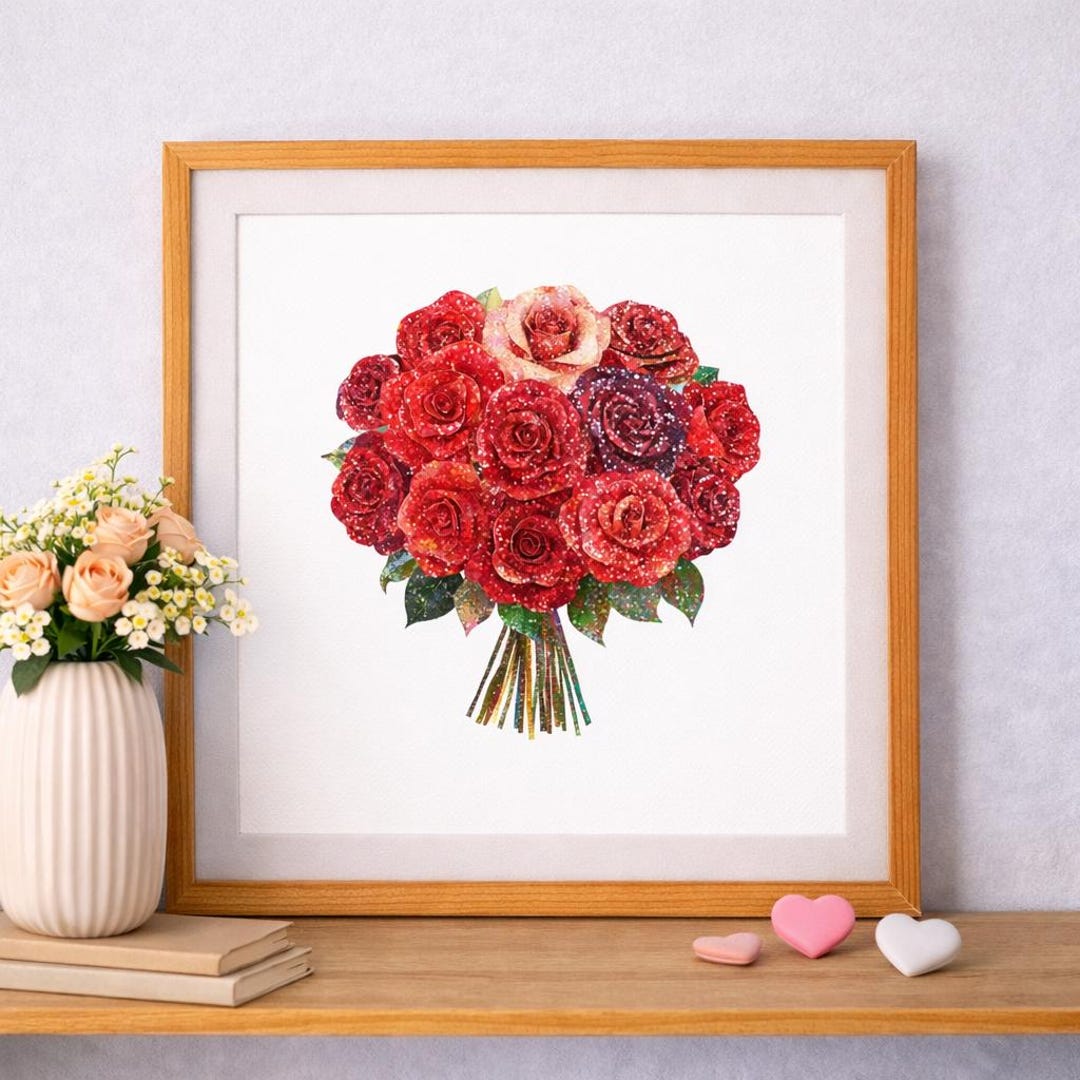 Red Rose Bouquet Art Print, Romantic Floral Wall Decor (digital ...