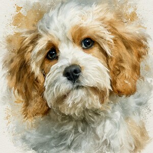 May include: A watercolor-style digital illustration of a puppy with fluffy white and tan fur. The dog has large, dark, expressive eyes, a black nose, and long, floppy ears. The artwork features soft, blended edges with tan paint splatters.
