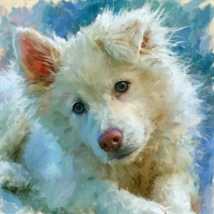 May include: An oil painting style portrait of a fluffy white puppy with one blue eye and one brown eye. The puppy has a pink nose and pointed ears, set against a textured, blended background of deep blue and light cream brushstrokes.