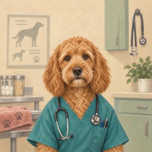 May include: A golden-brown dog with curly fur wearing a teal V-neck scrub top and a stethoscope around its neck. The dog has a pen in its chest pocket. In the background, a wall chart shows dog silhouettes, and a second stethoscope hangs on the wall.