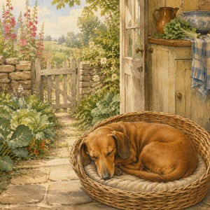 May include: A brown dog with long ears is curled up and sleeping inside a round, woven wicker basket with a soft, light-colored cushion. The basket sits on a stone patio near an open wooden door, with a garden and stone wall in the background.