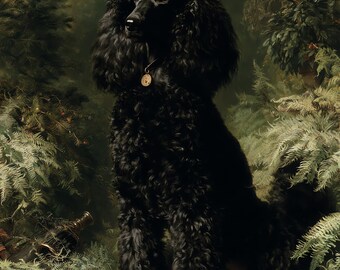May include: A black poodle with thick, curly fur sits upright. The dog wears a dark collar with a small, round, metallic gold-colored tag hanging from it. The poodle has a long snout, dark eyes, and ears covered in dense, wavy black hair.