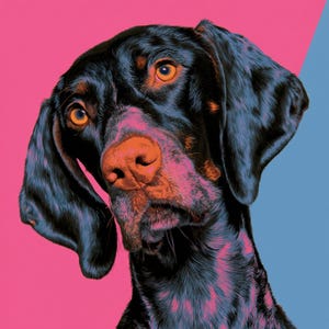 May include: A digital illustration of a dog with dark fur, amber eyes, and a pinkish-orange nose. The dog is shown from the chest up against a split background of vibrant pink and light blue, featuring detailed fur texture and high-contrast lighting.