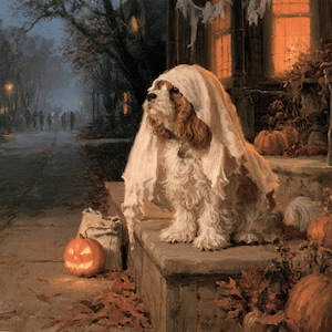 May include: A brown and white spaniel dog wearing a white fabric ghost costume draped over its head and body, sitting on a stone porch step next to a glowing orange jack-o'-lantern and scattered autumn leaves in a dimly lit evening setting.