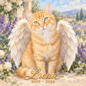 May include: An oil painting style portrait of an orange tabby cat with large white feathered wings. The cat sits in a field of purple lavender and white flowers. The name Luna is written in gold script with the dates 2009-2024 below.