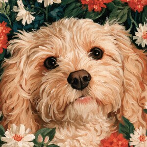 May include: An oil painting of a fluffy, light-brown dog with dark eyes and a black nose, surrounded by a vibrant garden of white and red flowers with green leaves. The dog's fur is textured with visible brushstrokes, creating a soft appearance.