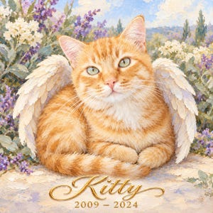 May include: An oil painting of an orange tabby cat with white feathered wings, positioned in front of a field of purple and white flowers. The text "Kitty" is written in gold script above the dates "2009 - 2024" at the bottom.