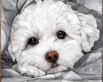 White Maltipoo Grey Blanket Watercolor Ceramic Tile | Dog Wall Art | Gift for Maltipoo Mom