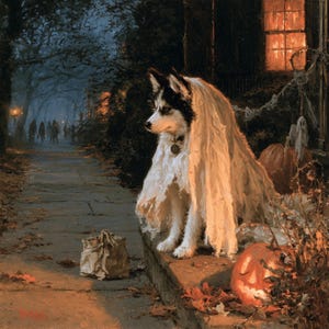 May include: A black and white husky dog wearing a white, tattered ghost costume made of fabric. The dog sits on a stone ledge next to a glowing orange jack-o'-lantern and a small paper bag, with a dark, tree-lined street visible in the background.