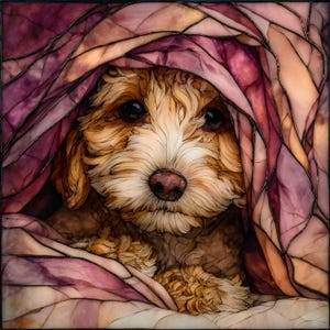 May include: A stained glass panel featuring a golden-brown puppy with dark eyes and a pink nose, framed by swirling patterns of purple, mauve, and cream-colored glass segments with dark lead lines creating a textured, mosaic-like appearance.